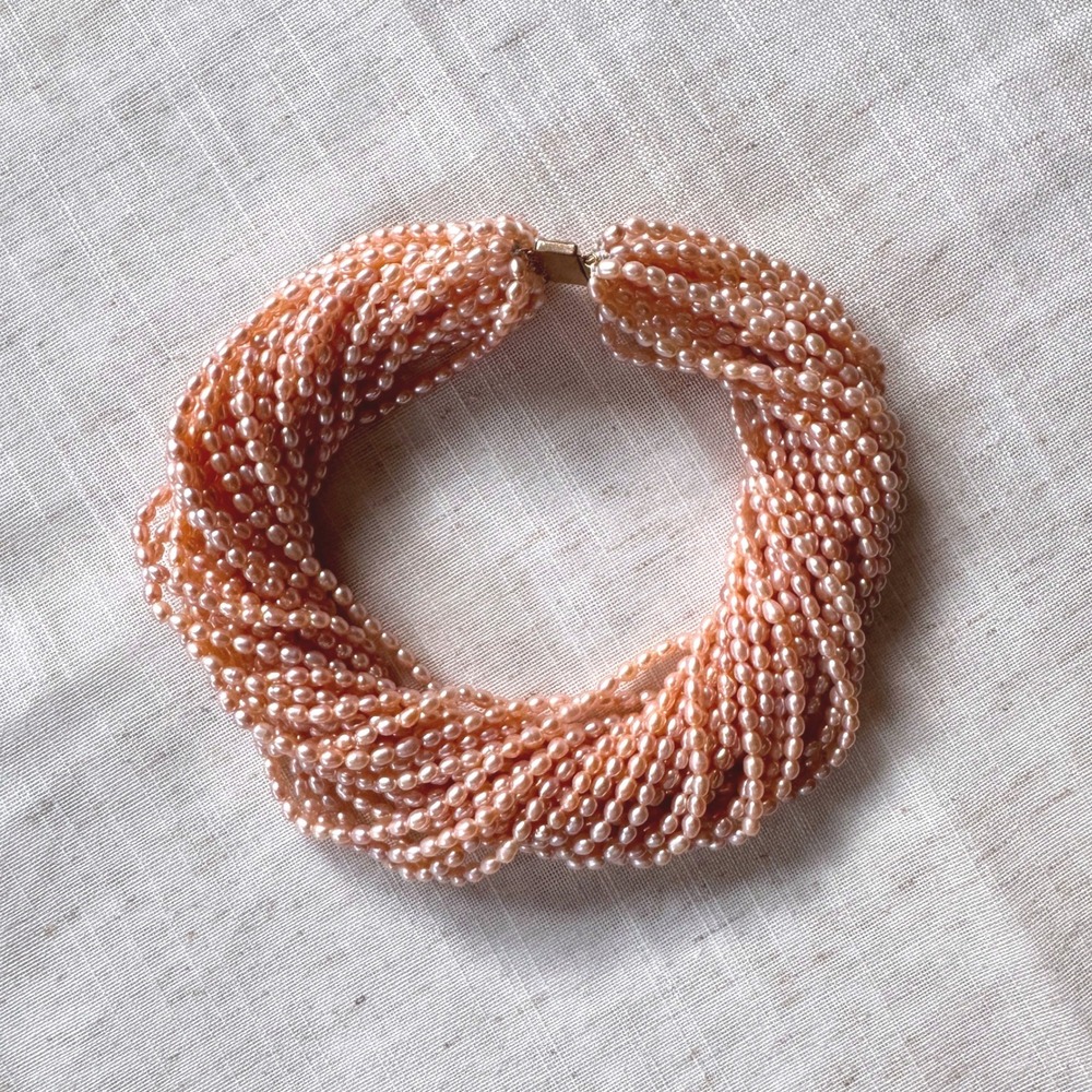 Vintage Peach Freshwater Pearl Multi Strand Torsade Choker Necklace‎ Pink 60s